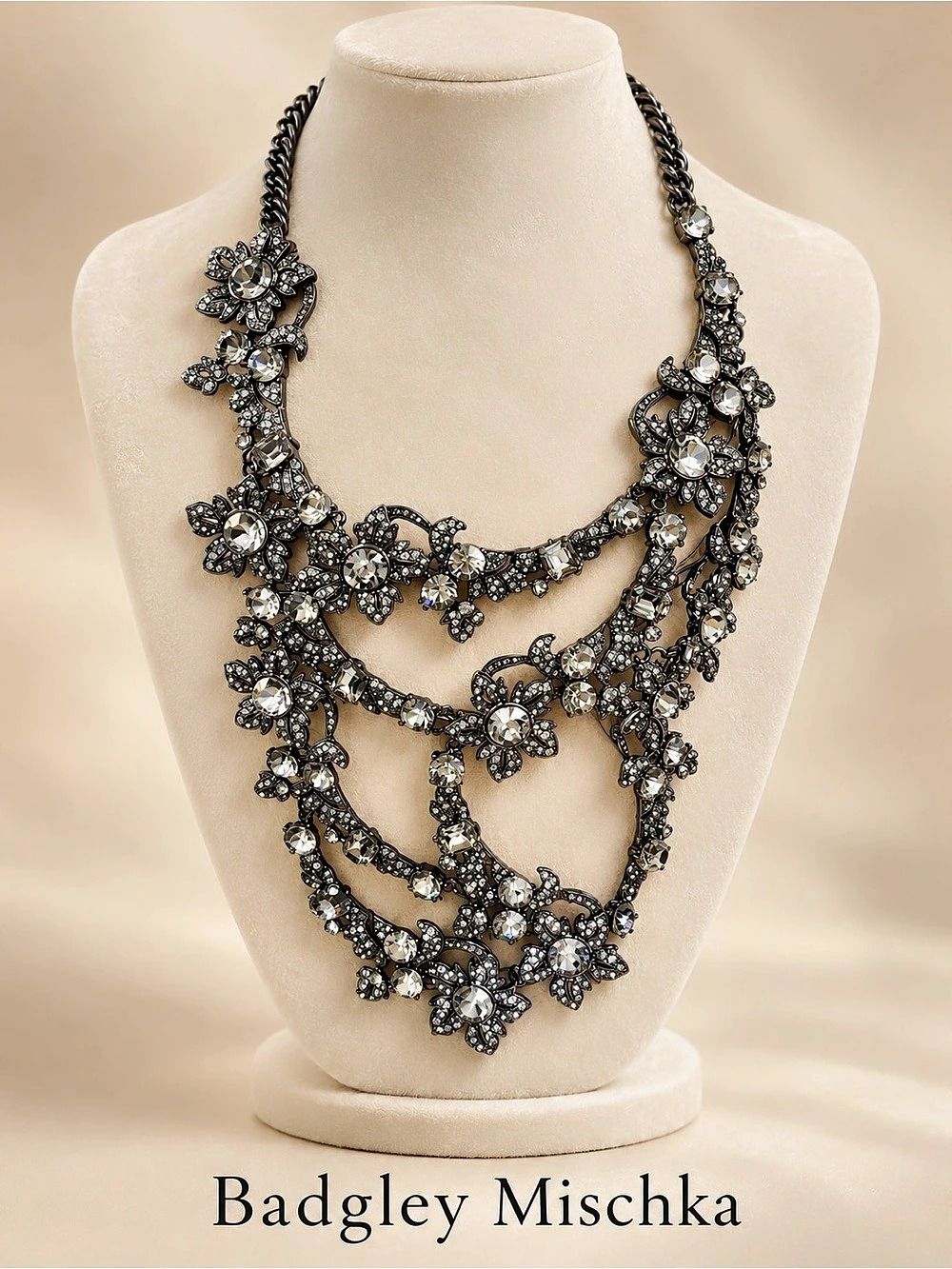 Badgley Mischka Layered Floral Statement Necklace in Black & Silver Like New